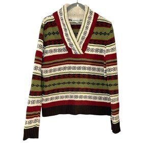 Sahalie Women's Wooby Green Red Striped Sweater Nordic‎ Print Trim Fleece Cozy M